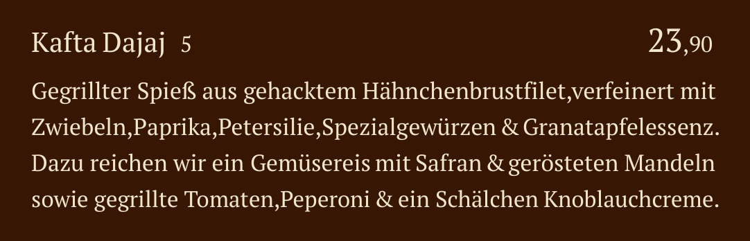 Qadmous Speisekarte – Kafta Spieß vom Grill