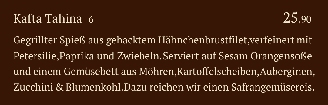 Qadmous Speisekarte – Kafta Spieß vom Grill