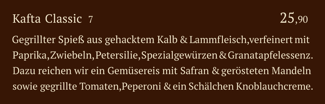 Qadmous Speisekarte – Kafta Spieß vom Grill