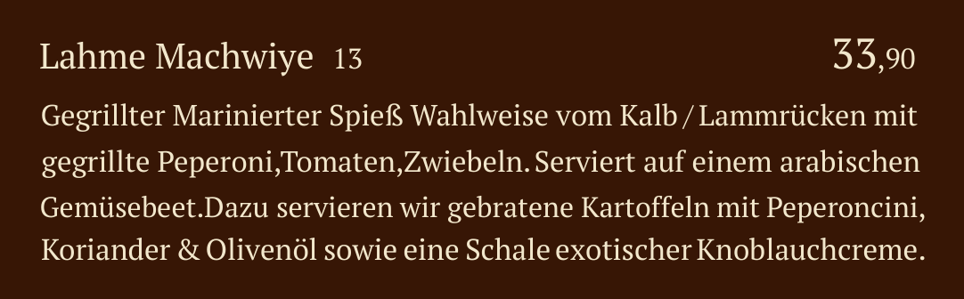 Qadmous Speisekarte – Kalb & Lamm vom Grill