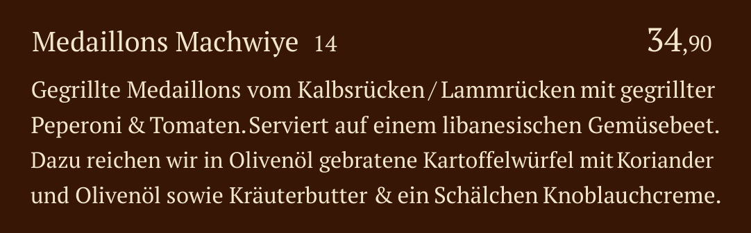 Qadmous Speisekarte – Kalb & Lamm vom Grill