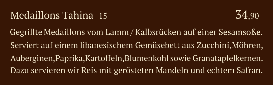 Qadmous Speisekarte – Kalb & Lamm vom Grill