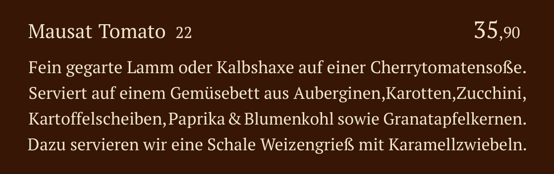 Qadmous Speisekarte – Lamm & Kalbhaxe