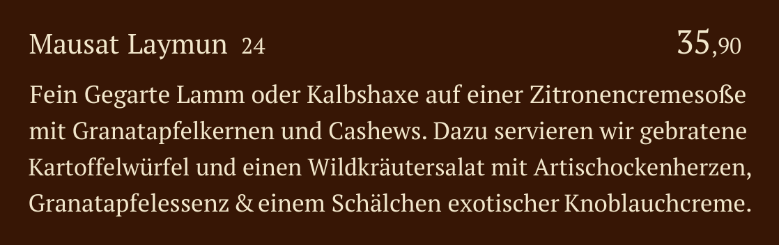 Qadmous Speisekarte – Lamm & Kalbhaxe