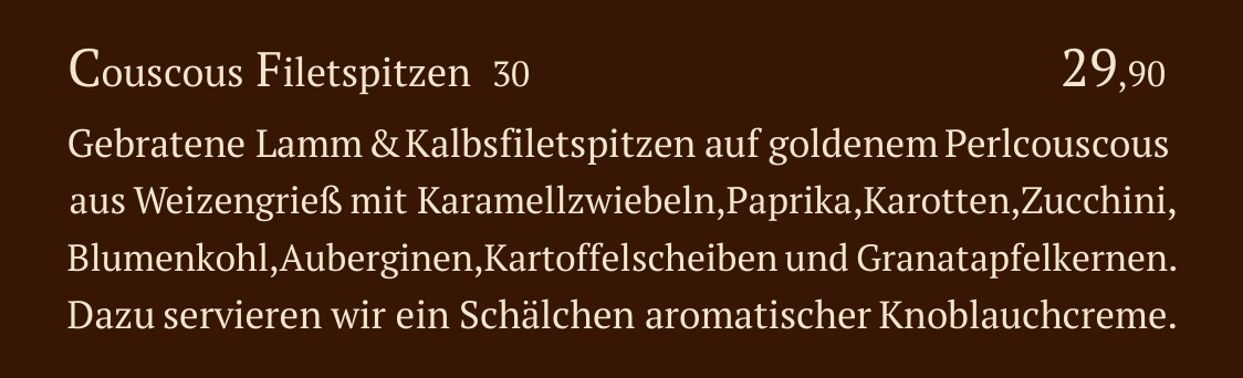 Qadmous Speisekarte – Couscous Spezialitäten