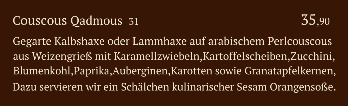Qadmous Speisekarte – Couscous Spezialitäten