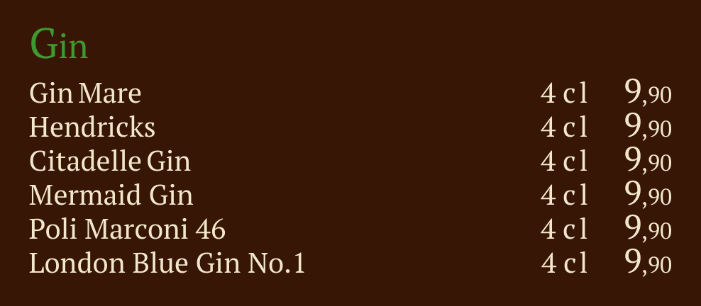 Qadmous Speisekarte – Liköre & Gin