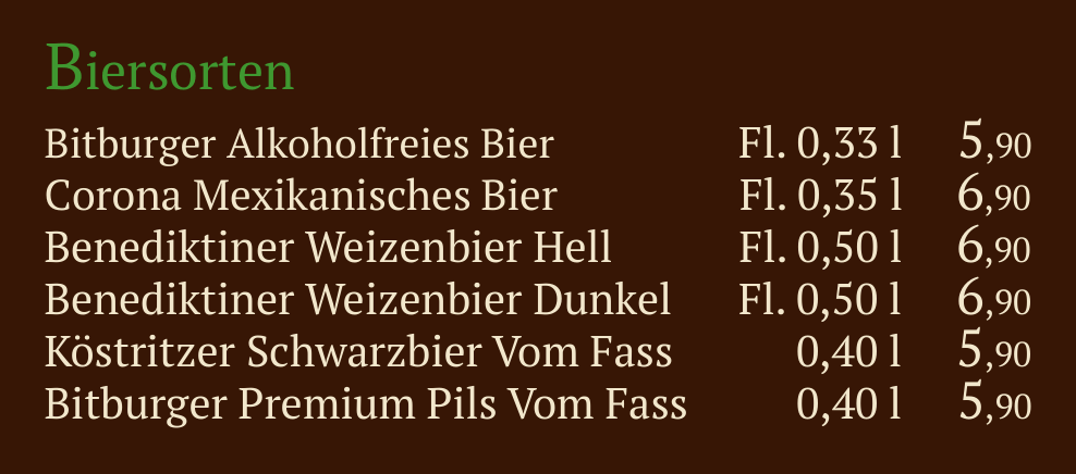 Qadmous Speisekarte – Champagner & Biersorten