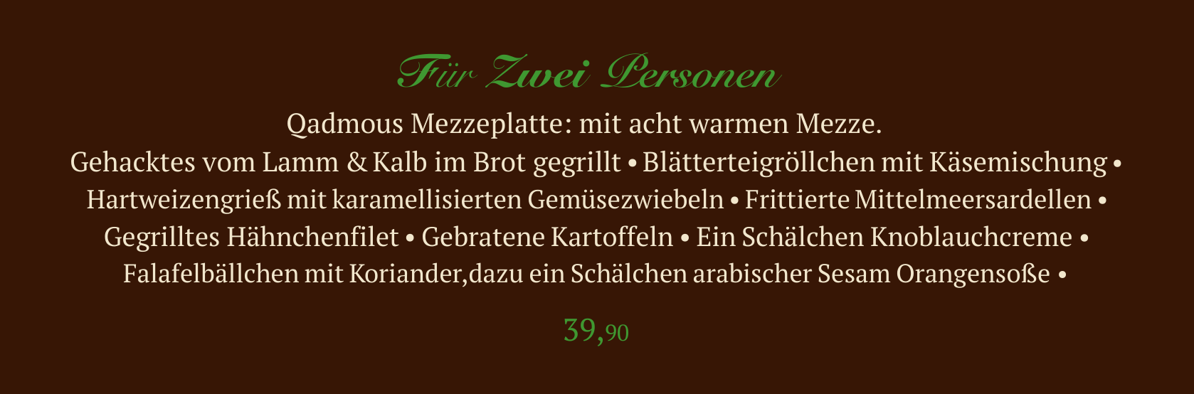 Qadmous Mezzeplatte für zwei Personen – acht warme Mezze, 39,90 €