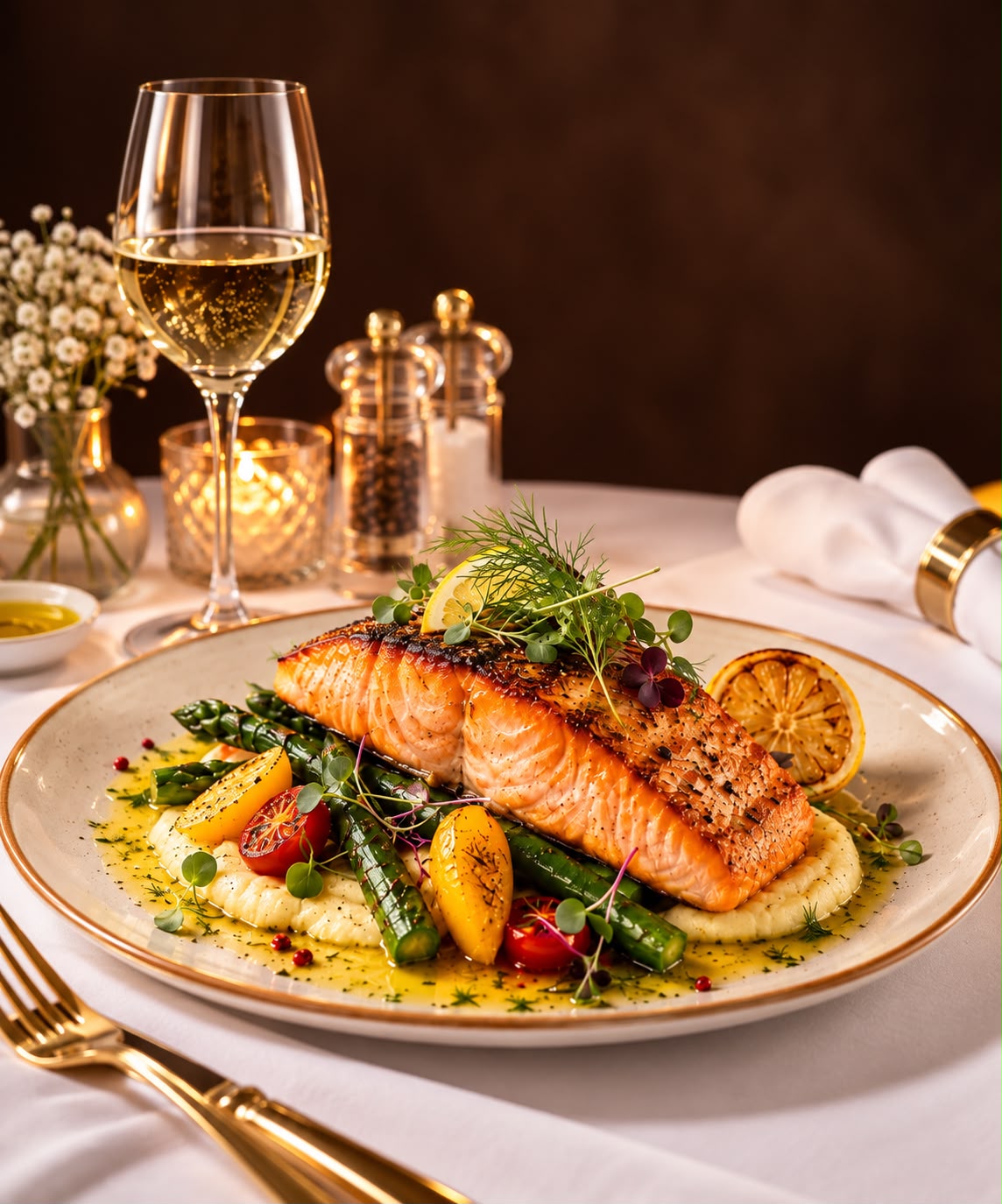 Lachsfilet mit grünem Spargel, Kartoffeln und Weißwein