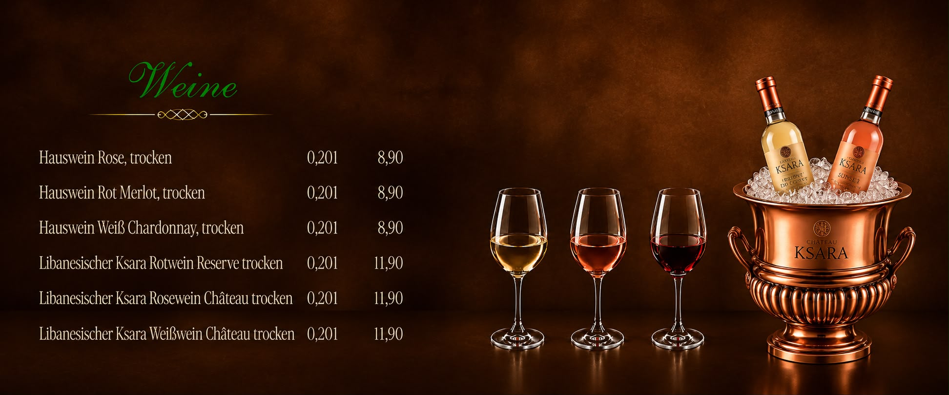 Weine – Hausweine und libanesische Ksara-Weine mit Preisen